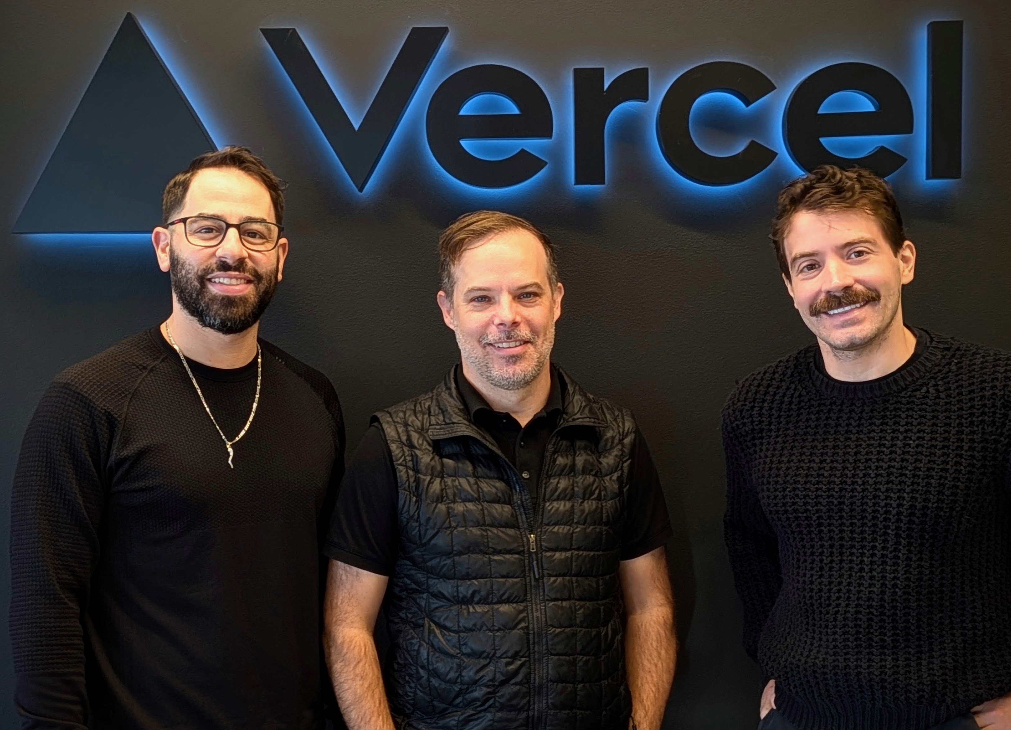 Timothy in the Vercel lobby with G and Tomo